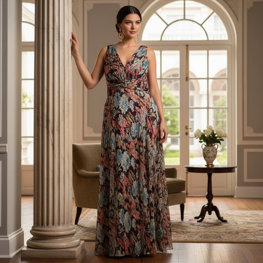 R&M Richards Multicolor Floral Gown Size 14 NWT – V‑Neck Evening Dress